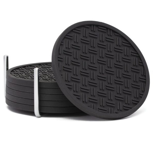 BLACK COASTERS IN CHROME HOLDER  SET 6