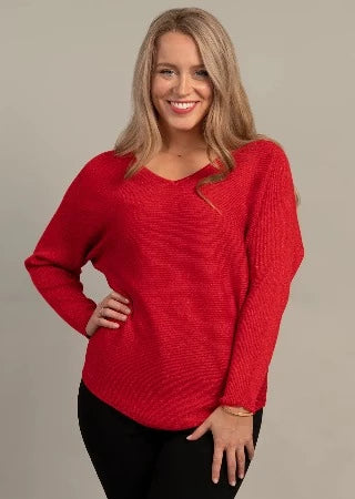 Lurex Dolman Sweater v neck Red - Ninety Clothing Co