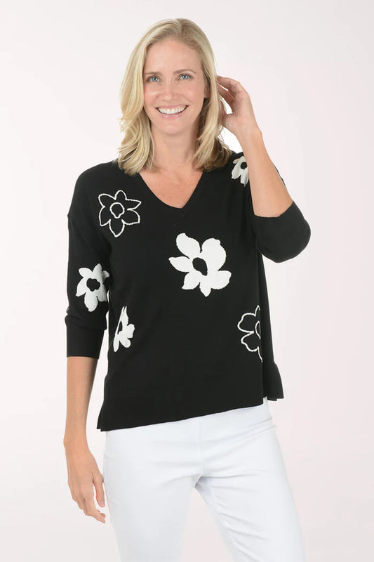 Floral Finesse V-Neck Sweater Black/White