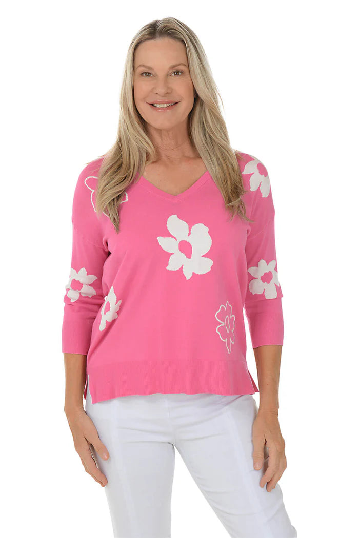 Floral Finesse V-Neck Sweater Pink / White