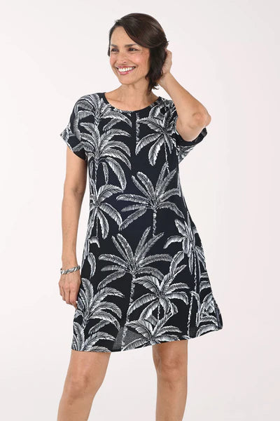Black Palm Trees Cuffed Short Sleeve Dress - Ninety