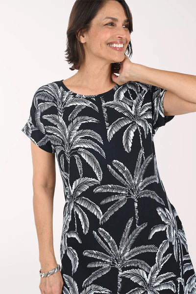 Black Palm Trees Cuffed Short Sleeve Dress - Ninety