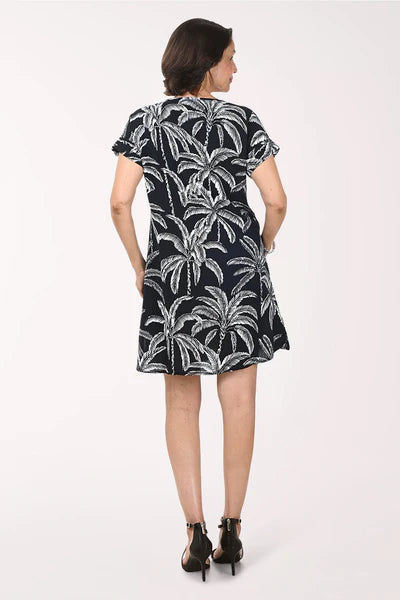 Black Palm Trees Cuffed Short Sleeve Dress - Ninety
