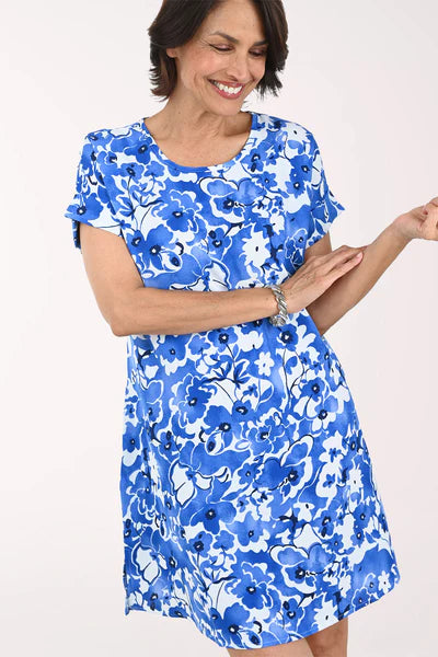 Blue Floral Cuffed Short Sleeve Dress- Ninety