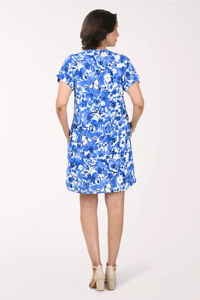 Blue Floral Cuffed Short Sleeve Dress- Ninety