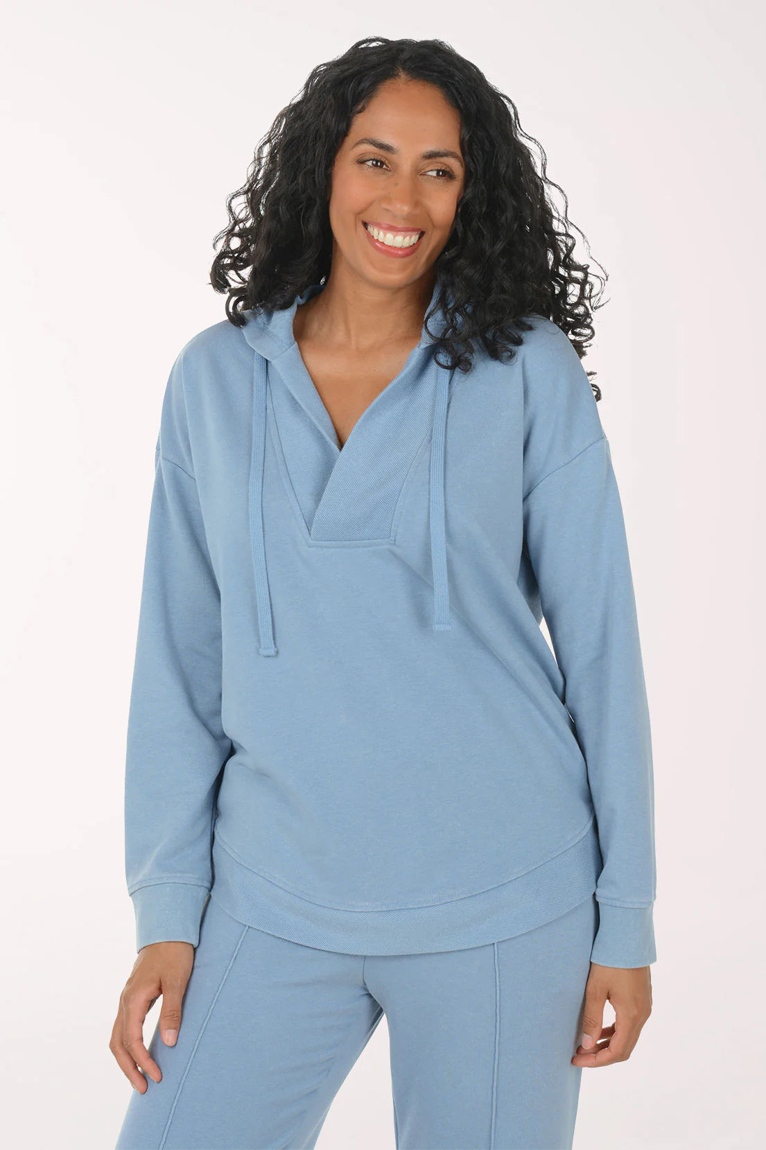 French Terry V-Neck Hoodie Denim