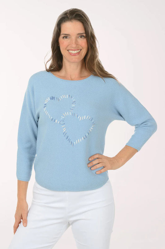 Chambray Embroidered Hearts 3/4 Sleeve Sweater - Ninety
