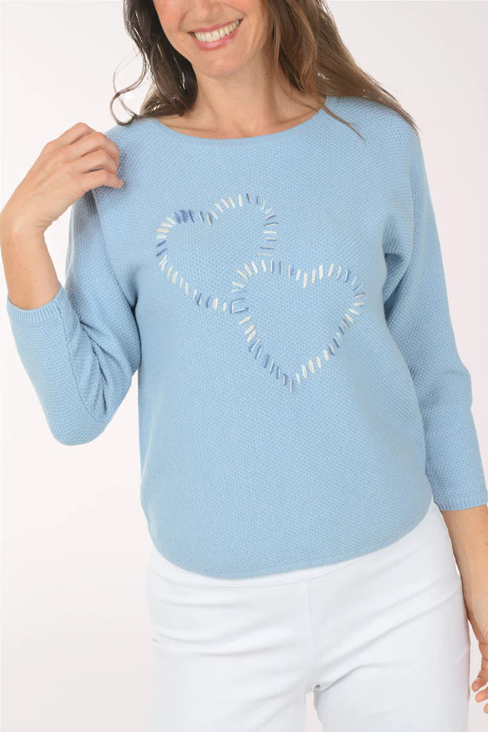 Chambray Embroidered Hearts 3/4 Sleeve Sweater - Ninety