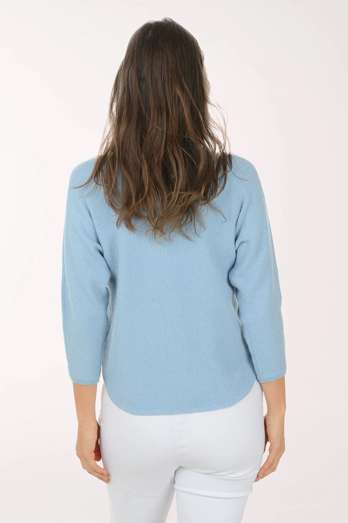 Chambray Embroidered Hearts 3/4 Sleeve Sweater - Ninety