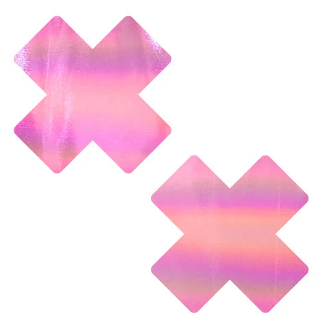 Love Heart Bare Pink Shimmer Holographic X Nipple Pasties  - J Valentine Fabric
