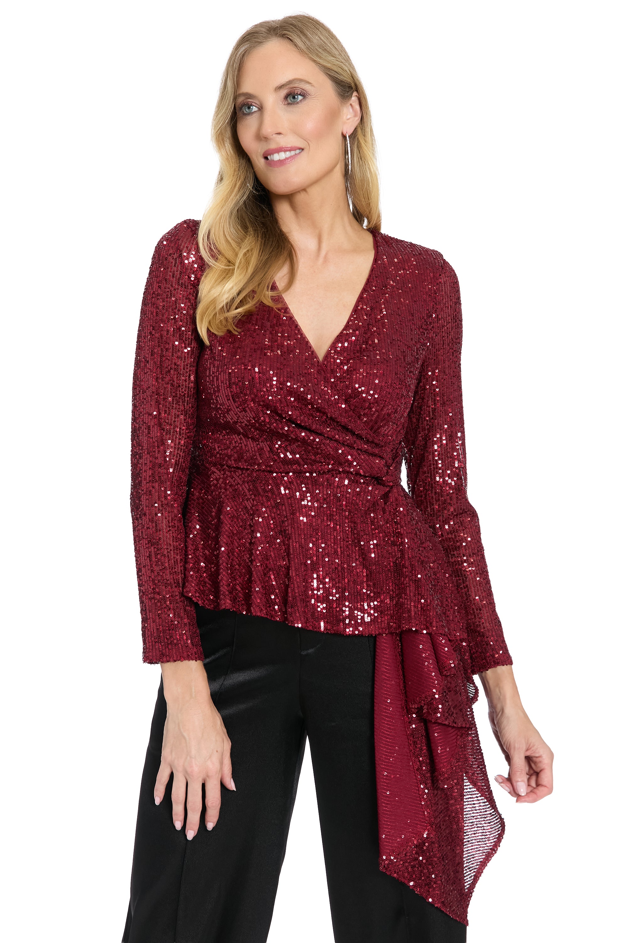 Tribeca Long Sleeve Peplum Top Rhododendron Wine- Maggy London