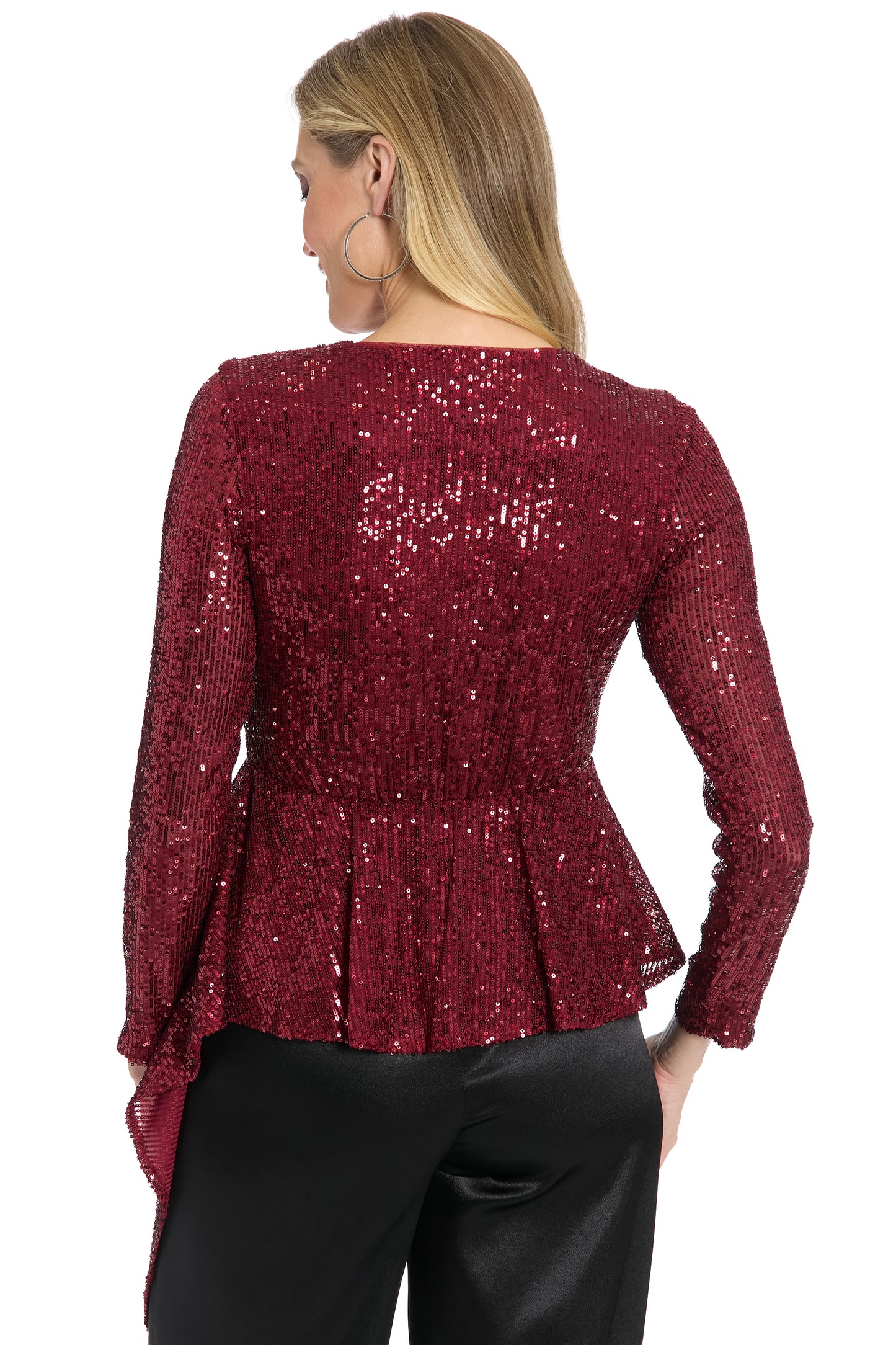 Tribeca Long Sleeve Peplum Top Rhododendron Wine- Maggy London