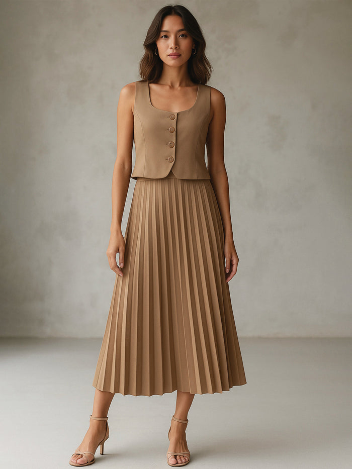 Ladies Solid 36" Pleated Skirt Beige  - Liz & Lilli