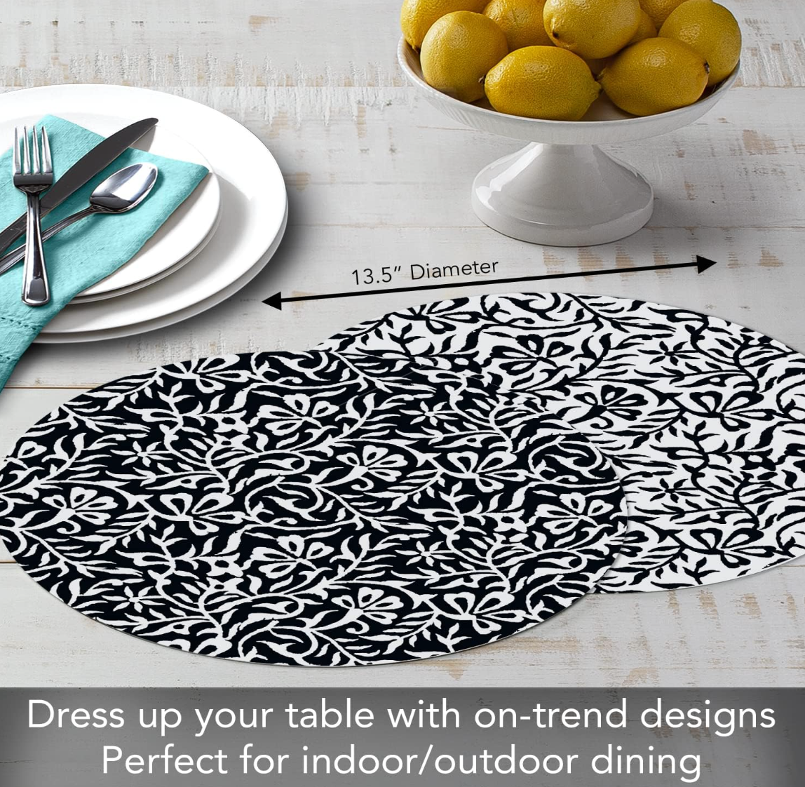 Black & White Woodblock Round Reversible Placemat