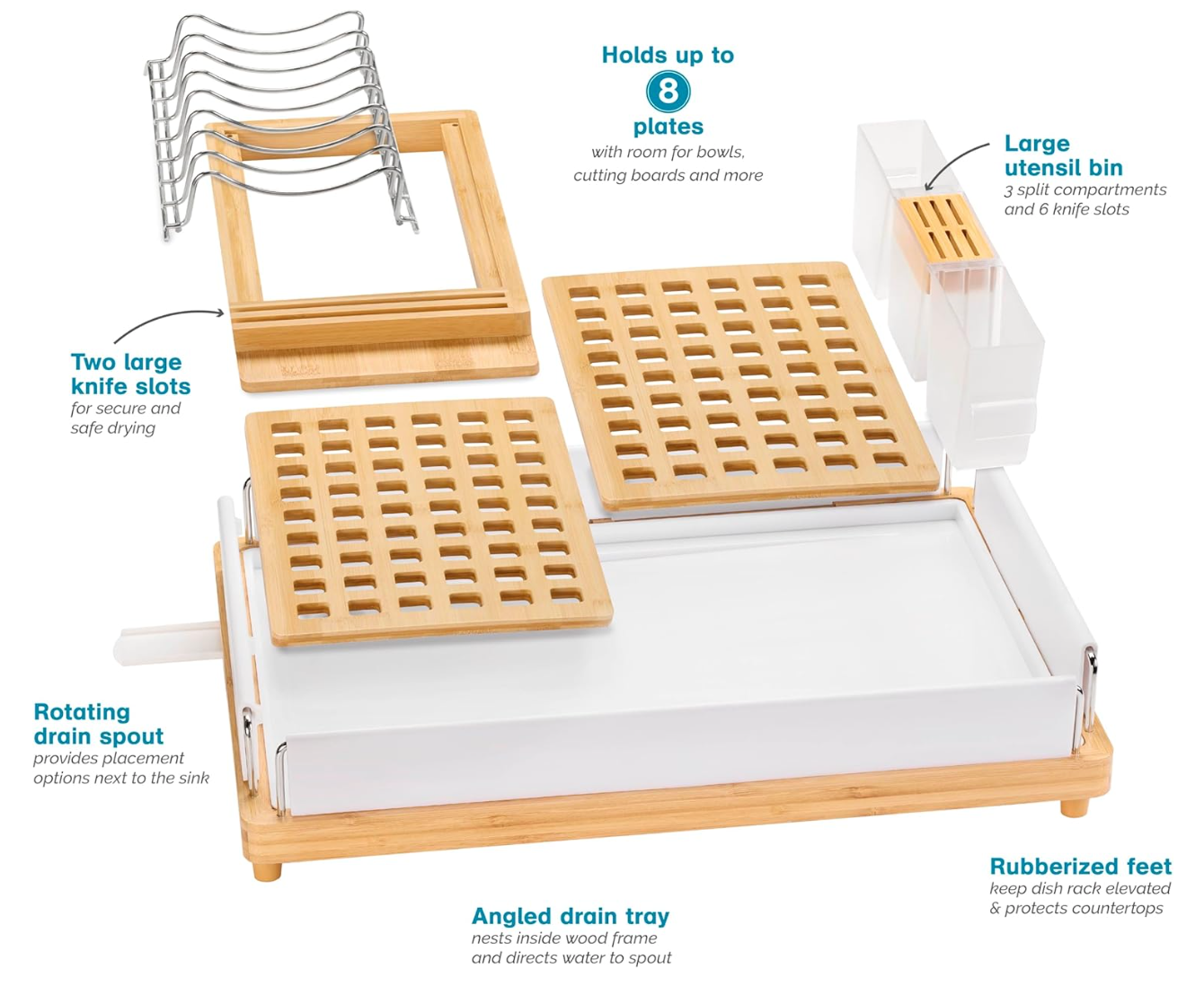 Large Capacity Bamboo Dish Rack White