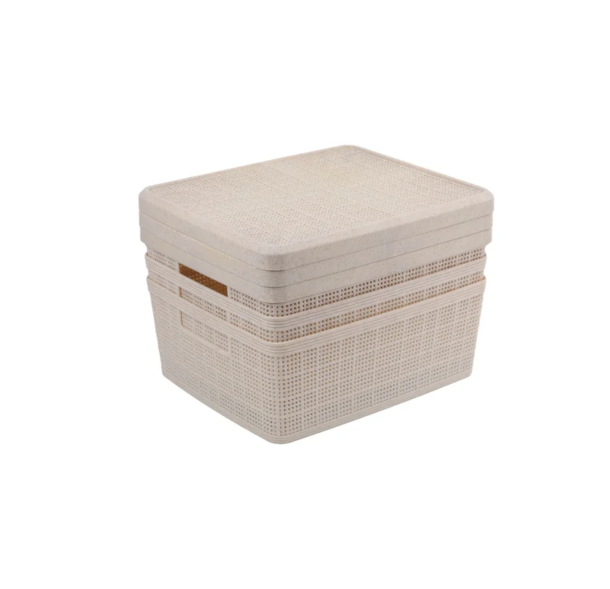 Set of 3 Medium Wheat Straw Storage Baskets with lids