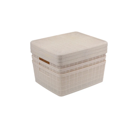 Set of 3 Medium Wheat Straw Storage Baskets with lids