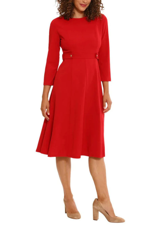 3/4 Sleeve Seamed Side Tab Fit & Flare Midi Dress Savvy Red  - London Times