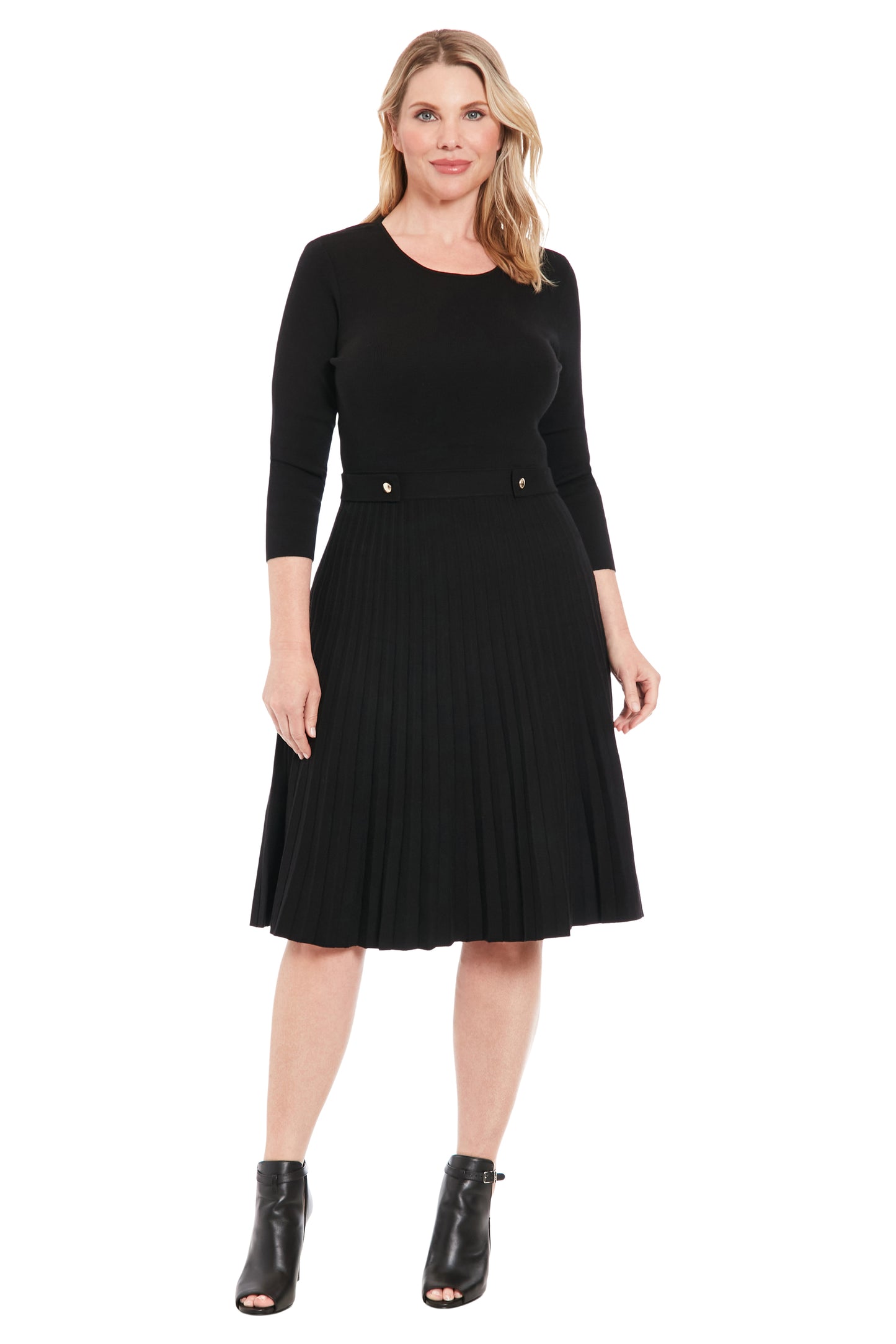 Side Tab Pleated Sweater Dress Black  - Maggy London