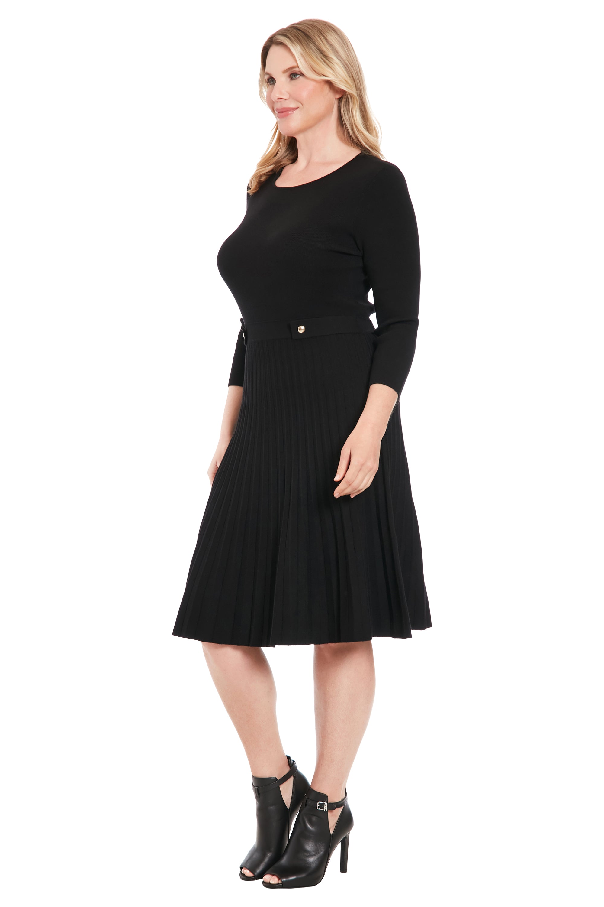 Side Tab Pleated Sweater Dress Black  - Maggy London