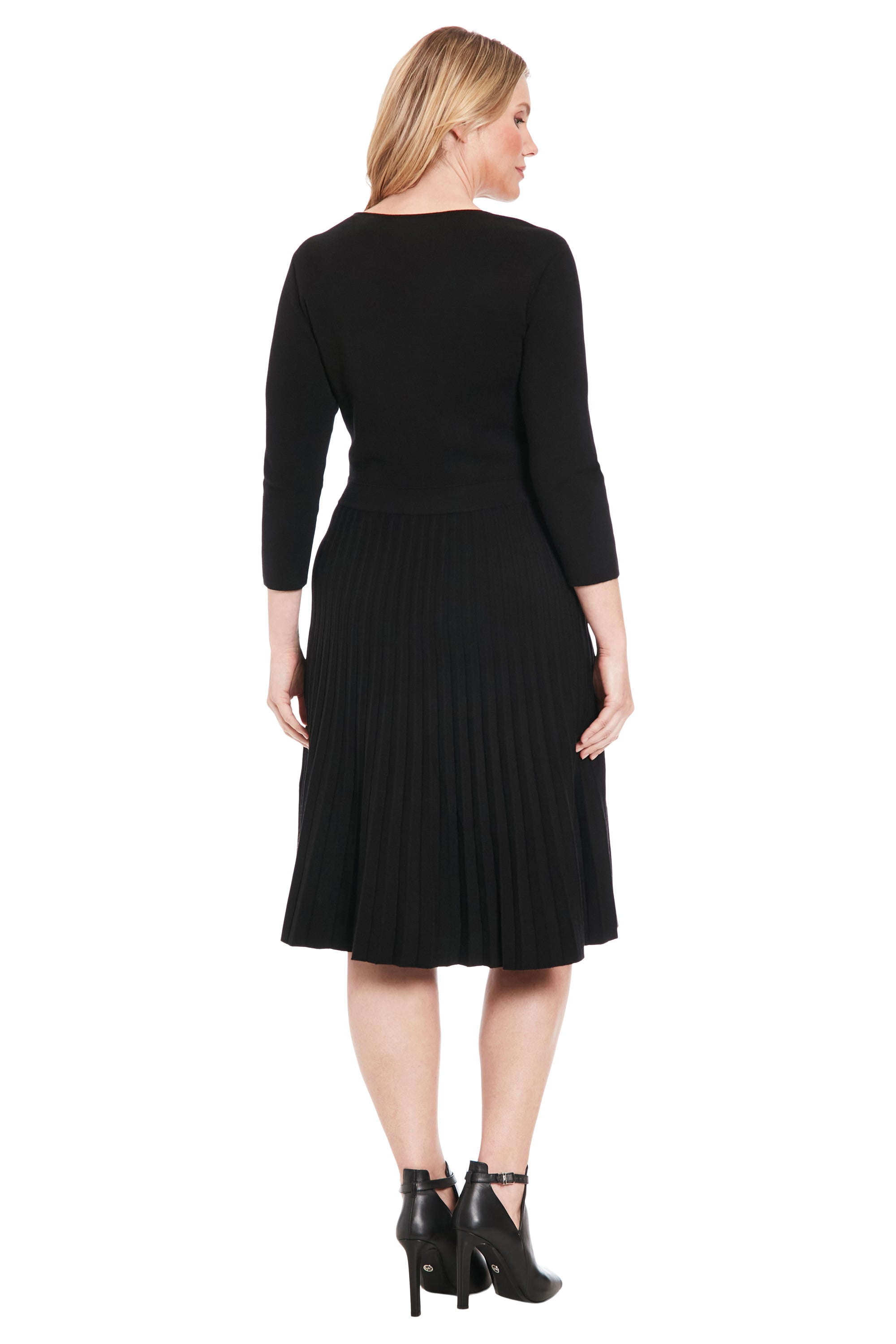Side Tab Pleated Sweater Dress Black  - Maggy London