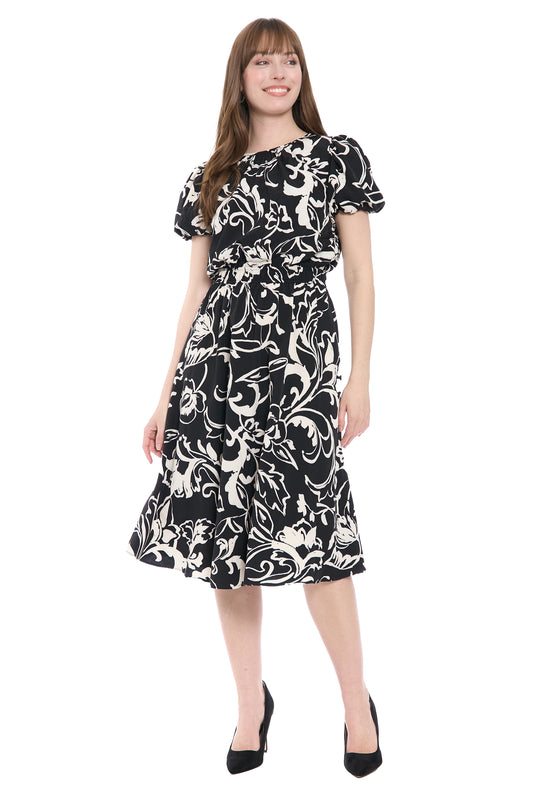 Tucked-Sleeve Midi Dress Black / Bone  - Maggy London