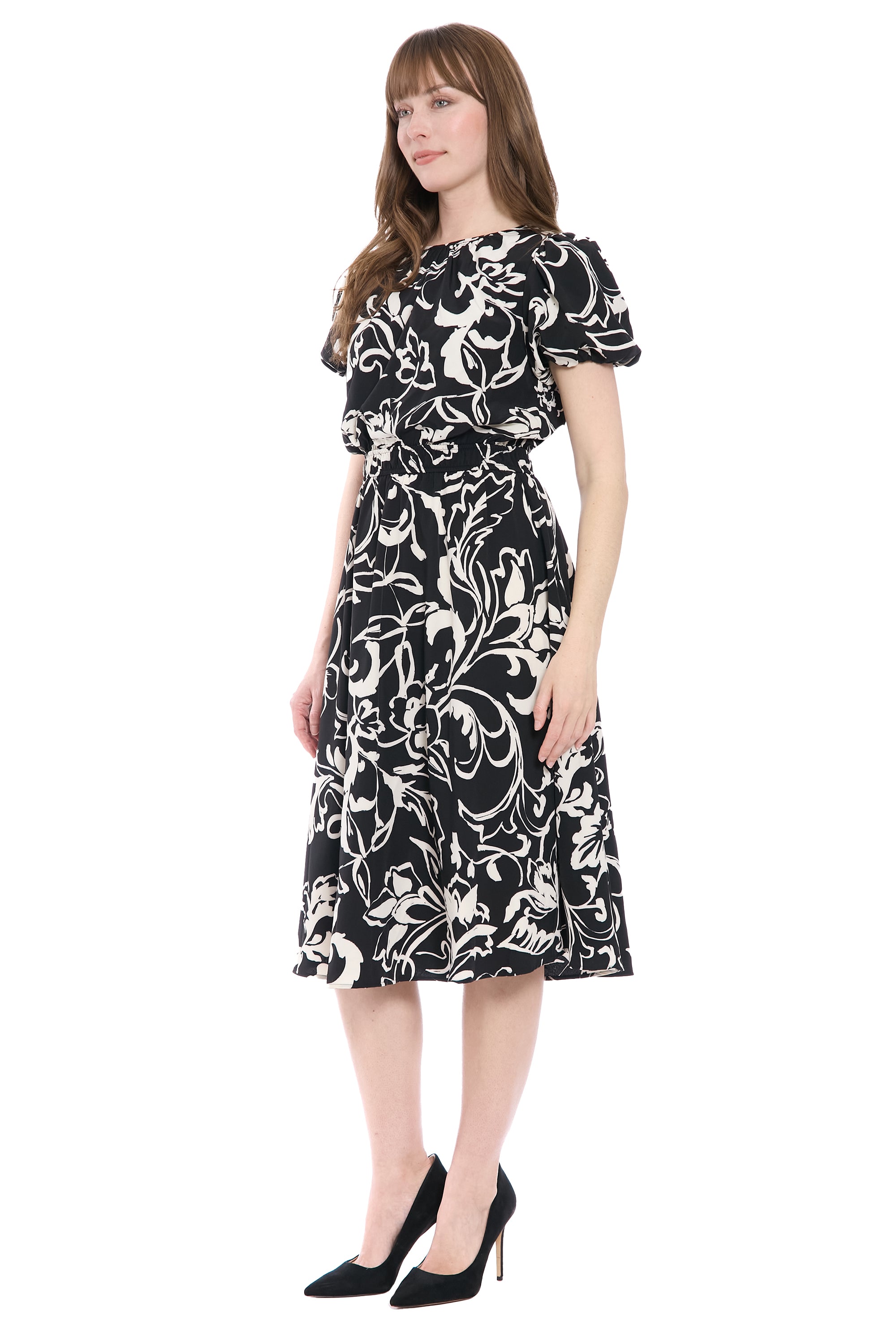 Tucked-Sleeve Midi Dress Black / Bone  - Maggy London