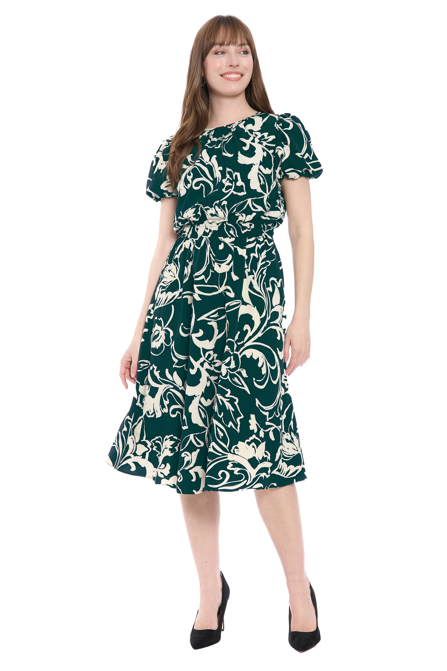 Tucked-Sleeve Midi Dress H Green / Bone  - Maggy London