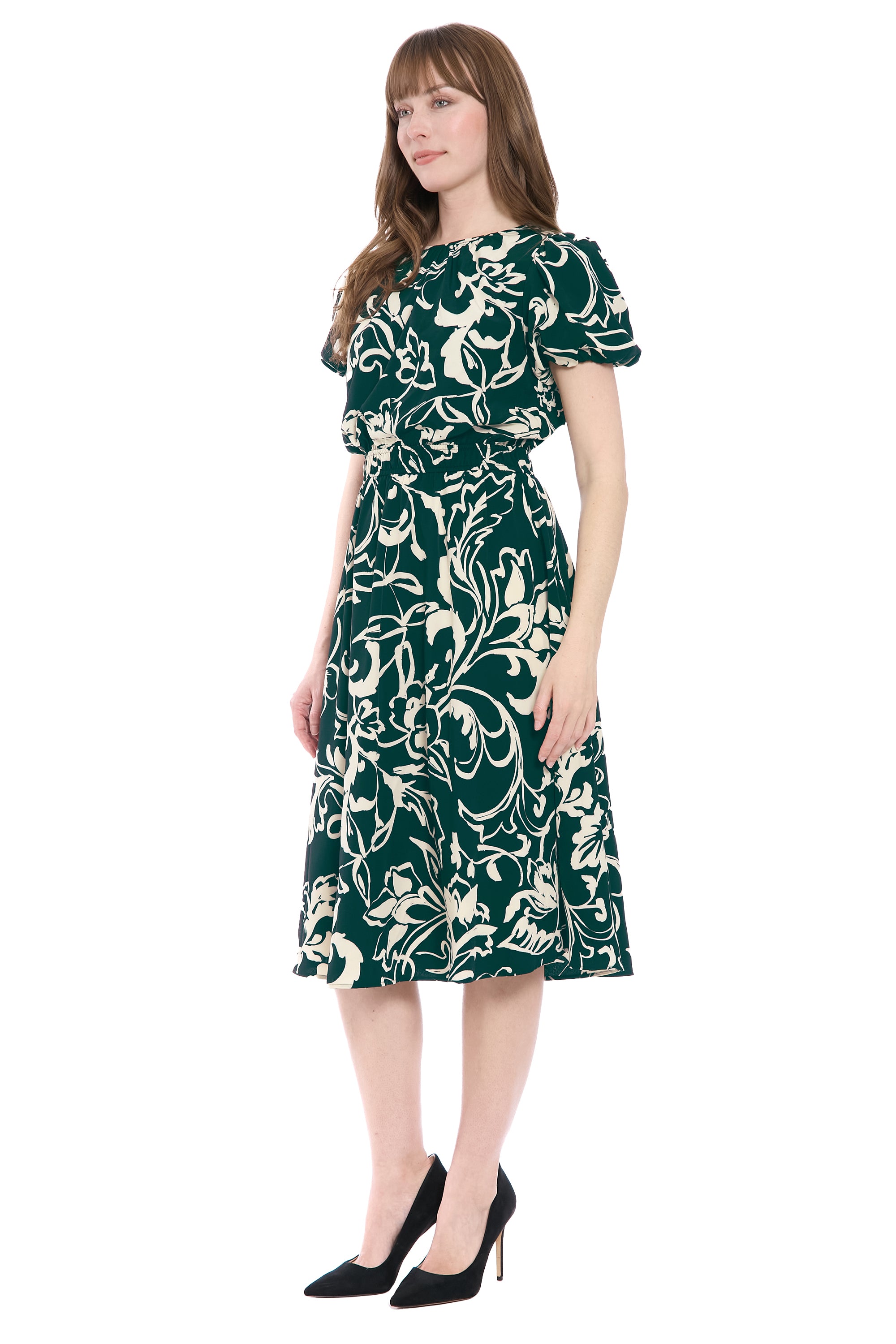 Tucked-Sleeve Midi Dress H Green / Bone  - Maggy London