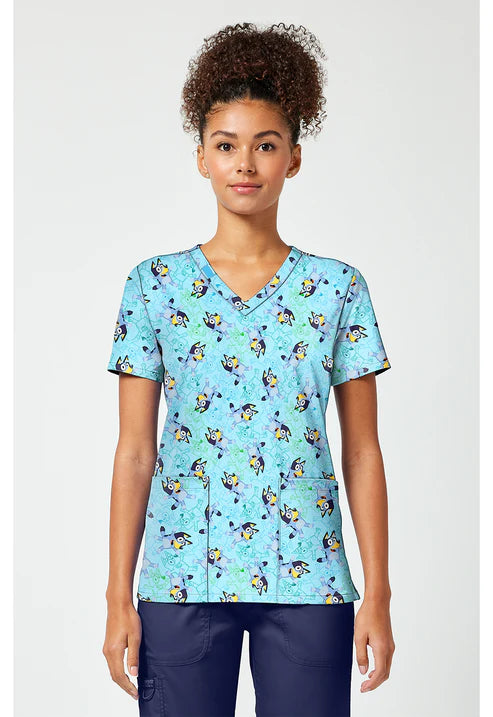 Estampado de blusa médica con cuello en V Bluey Zone