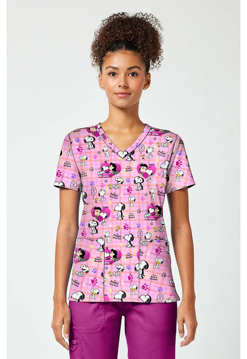 Print V-Neck Scrub Top Snoopy Eyes