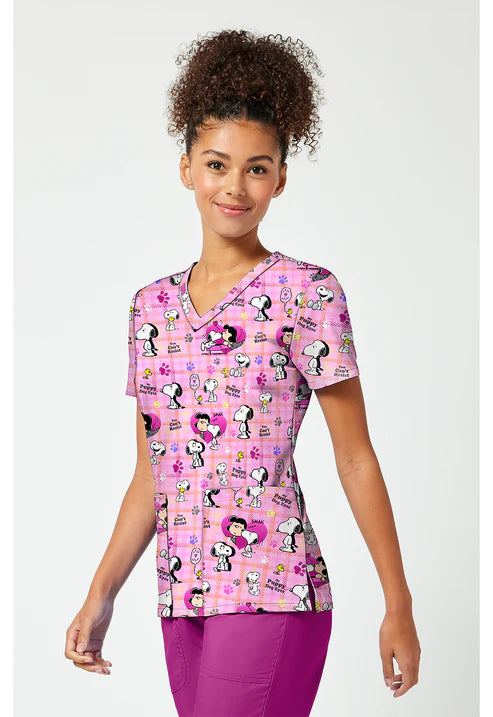 Print V-Neck Scrub Top Snoopy Eyes
