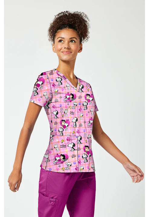 Print V-Neck Scrub Top Snoopy Eyes