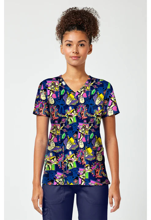 Print V-Neck Scrub Top Comic Story