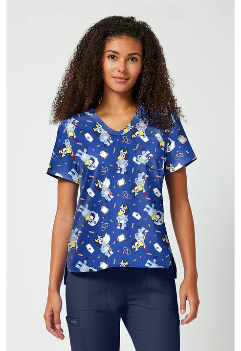 Blusa Quirúrgica Estampada con Cuello V Azul para Enfermera