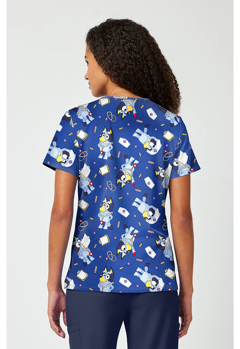 Blusa Quirúrgica Estampada con Cuello V Azul para Enfermera