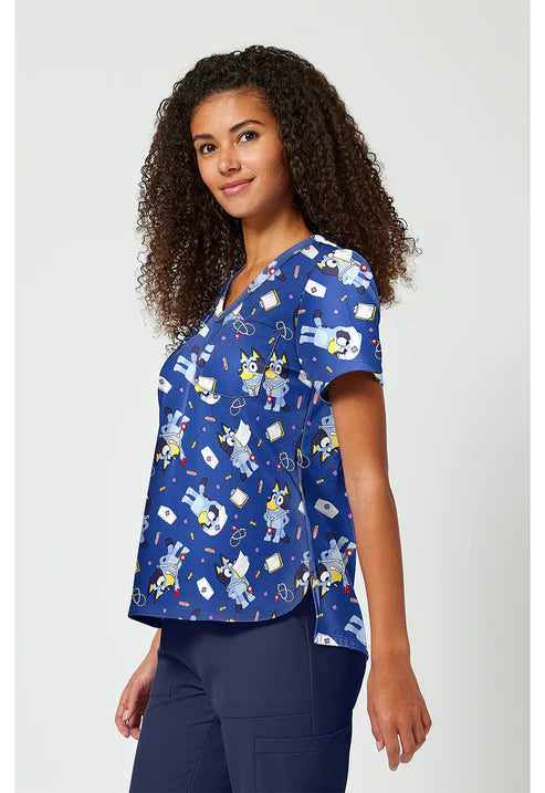 Blusa Quirúrgica Estampada con Cuello V Azul para Enfermera
