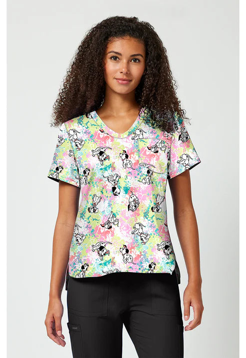 Estampado de blusa médica con cuello en V Puppy Pile