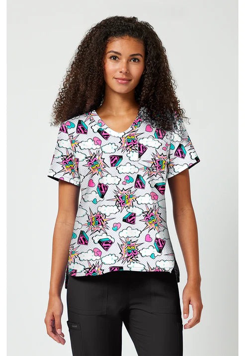 Blusa con estampado de cuello en V para uniforme, modelo Head Skyward