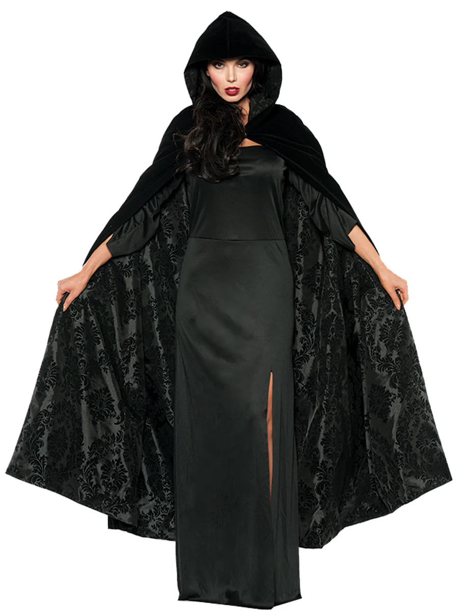 Deluxe Velvet and Satin Flocked Cape Black