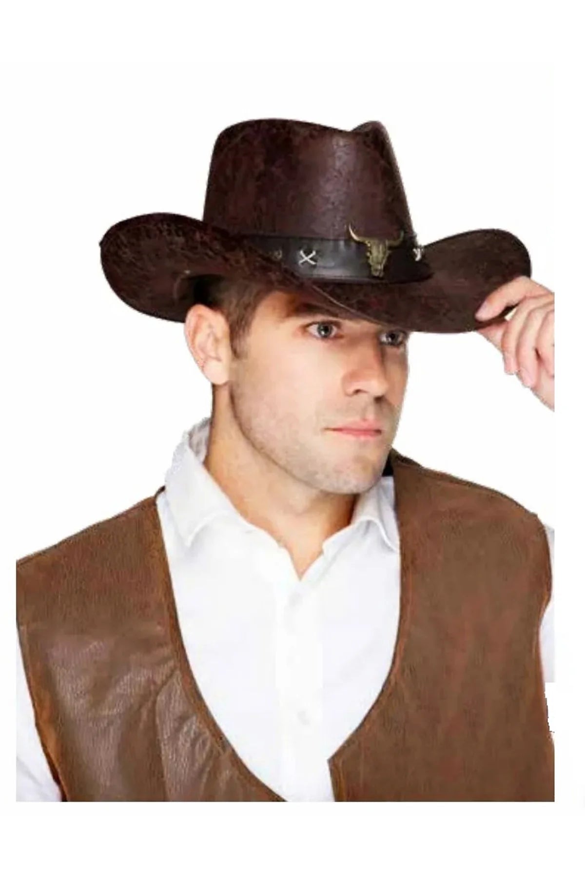 Sombrero vaquero de imitación de cuero con cabeza de toro y banda de imitación de cuero