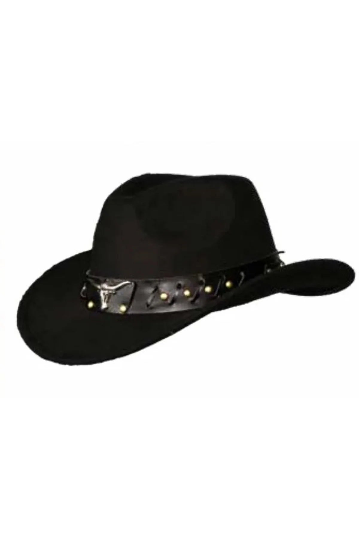 Black Cowboy Hat With Black Leather Band/Bull Head/Diagonal Stitching