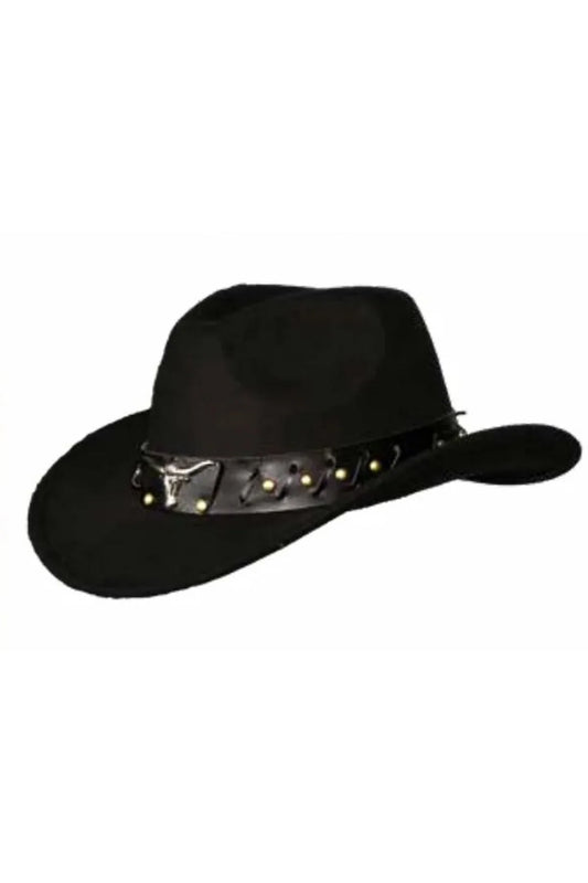 Sombrero de vaquero negro con banda de cuero negra/Cabeza de toro/Costura diagonal
