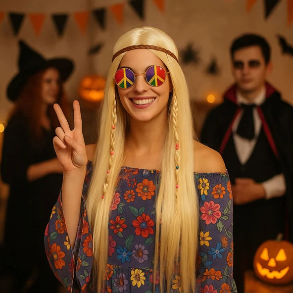 Retro 70s Blonde Hippie Wig with Braids and Beads