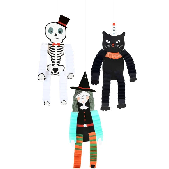 3 Piece Skeleton, Cat, Witch Set with Dangling Arms and Legs Hanging Honeycomb Paper Decorations