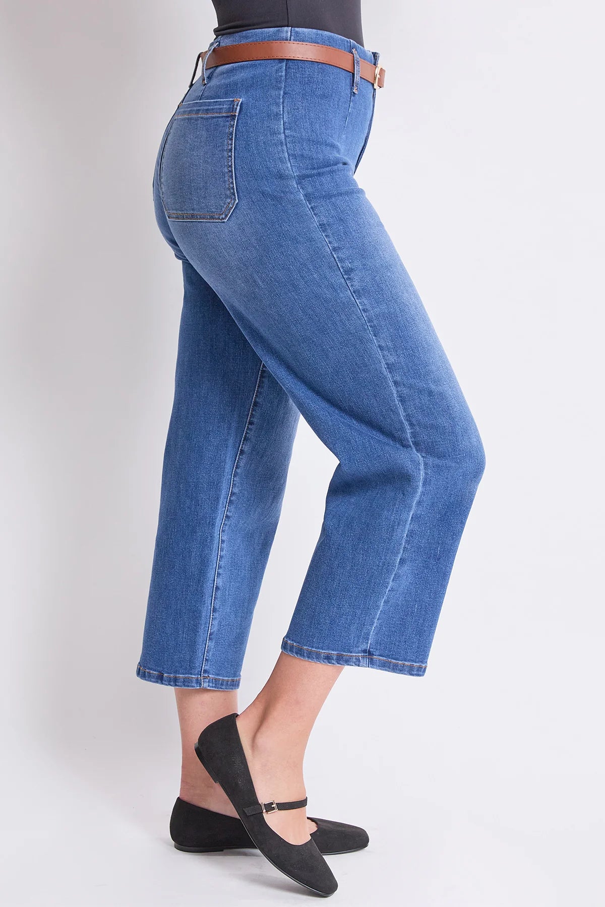 Women's High Rise Crop Belted Wide Leg Jeans Medium Blue - Royalty