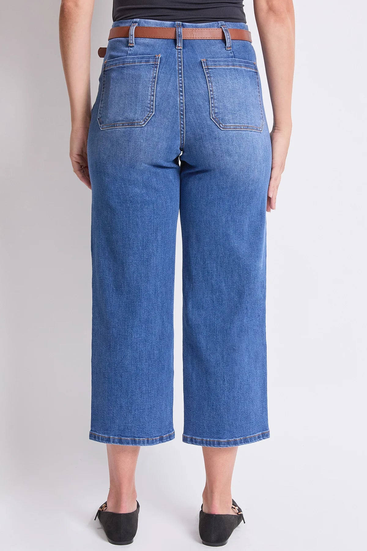 Women's High Rise Crop Belted Wide Leg Jeans Medium Blue - Royalty