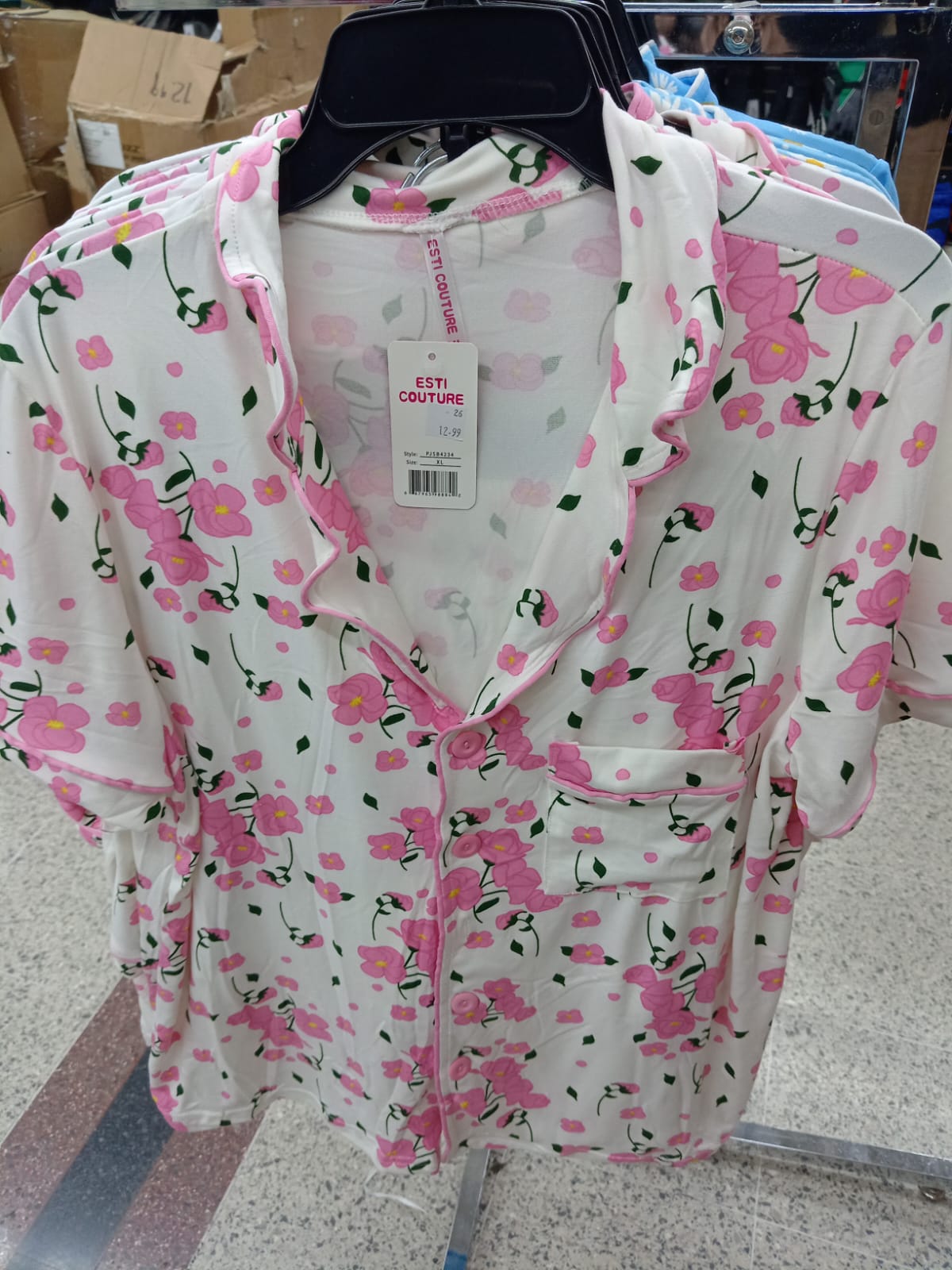 2 PC Short Set Collar Button Front White with Flowers Pink
