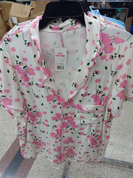 2 piezas Conjunto corto con cuello y botones, blanco con flores rosas