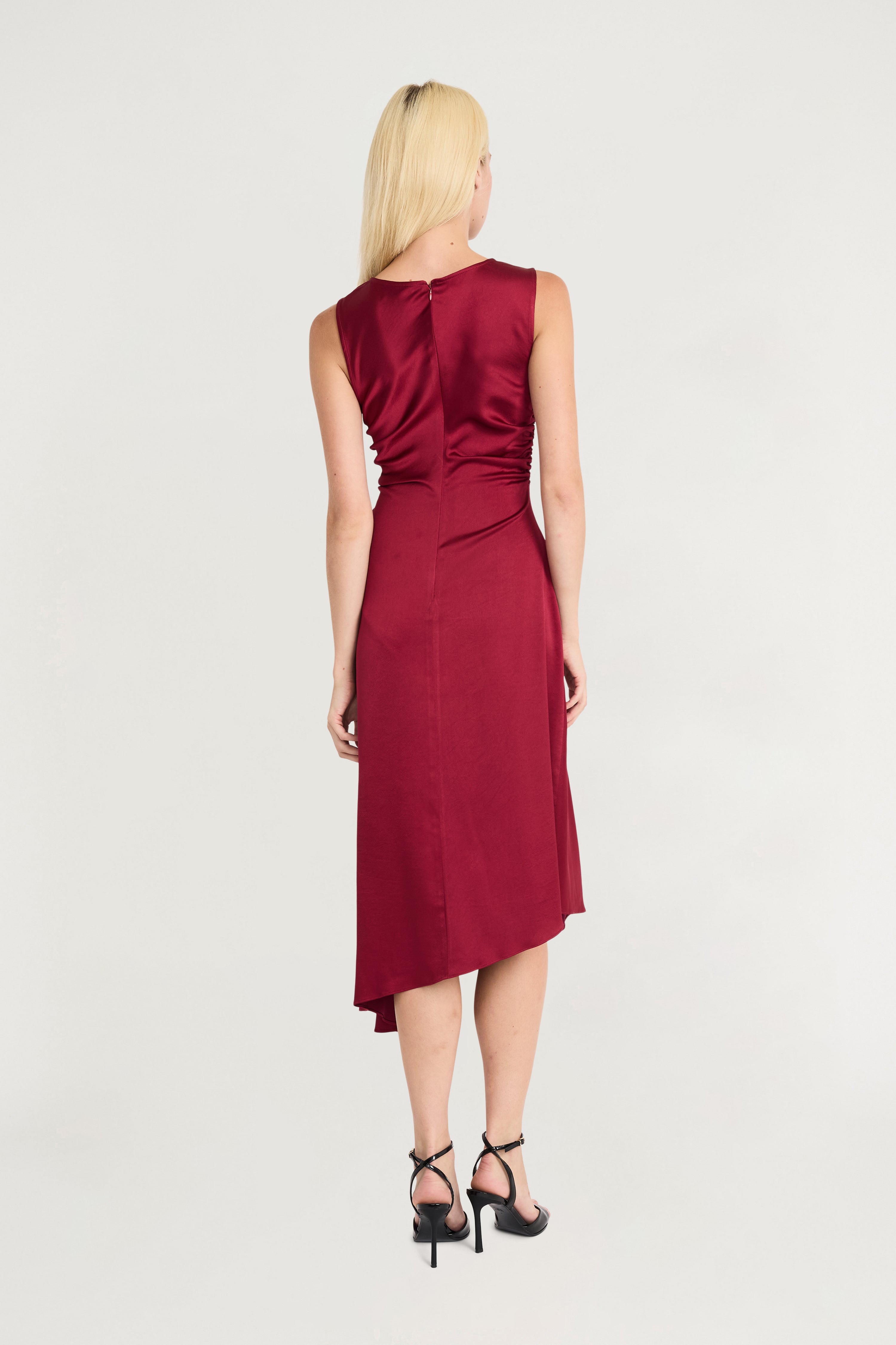 Boat Neck Asymmetric Midi Dress Red